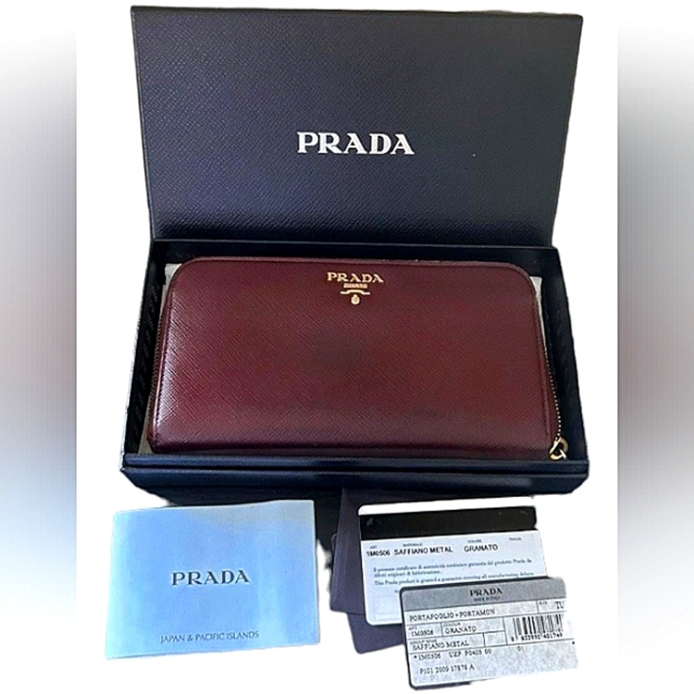 PRADA MILANO AUTHENTIC SAFFIANO COLOUR GRANATO ZIP LONG WALLET BOX & COA EUC